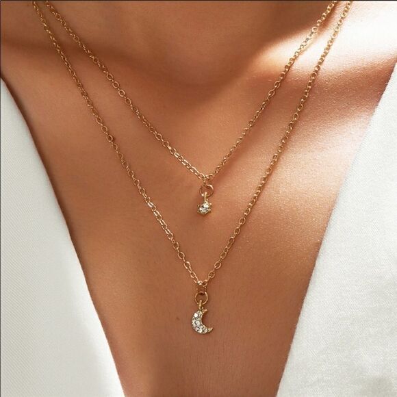 Necklace double layered Crescent Moon and a Gem - Picture 2 of 4